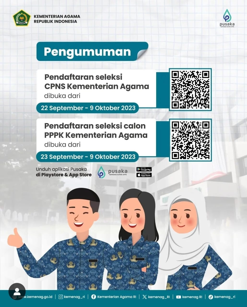 Pelaksanaan Seleksi Calon Pegawai Negeri Sipil (CPNS) dan Calon Pegawai Pemerintah dengan Perjanjian Kerja (CPPPK) Kementerian Agama Republik Indonesia Tahun Anggaran 2023